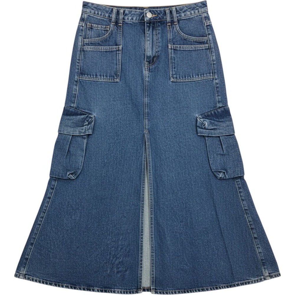 Urban‎ Revivo Cargo Denim Maxi Skirt Womens US 8 Blue Utility Long Front Slit